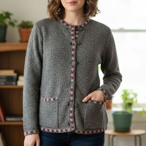 Vintage Woolrich Heather Gray Decorative Trim Wool Blend Button Front Sweater